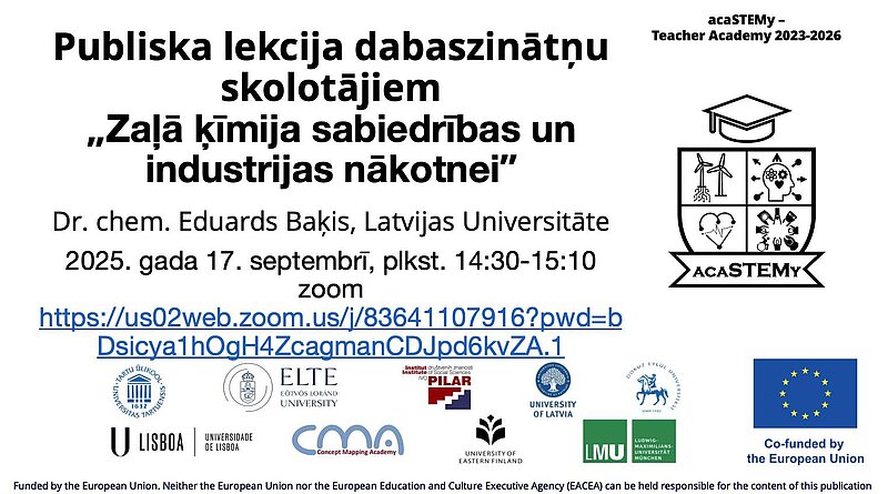 Aicinājums dalībai publiskajā lekcijā "Zaļā ķīmija sabiedrības un industrijas nākotnei".